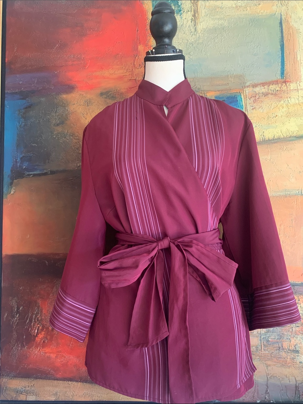 Tristan Burgundy & Lavender Striped Kimono Style Wrap Blouse, XL (M)